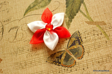 Satin Ribbon Red and White Flower Appliques/ Crafts/ Wedding Decoration x 5